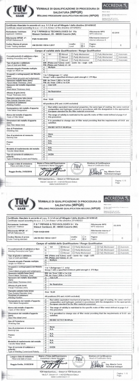 CERTIFICAZIONI AZIENDALI - PQR 18-020-0048 & PQR 18-020-0049 - PIPINGS & TECHNOLOGIES SRL