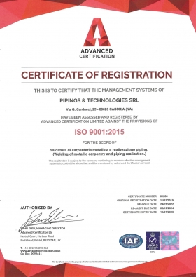 CERTIFICATO UNI EN ISO 9001:2015 - PIPINGS & TECHNOLOGIES SRL